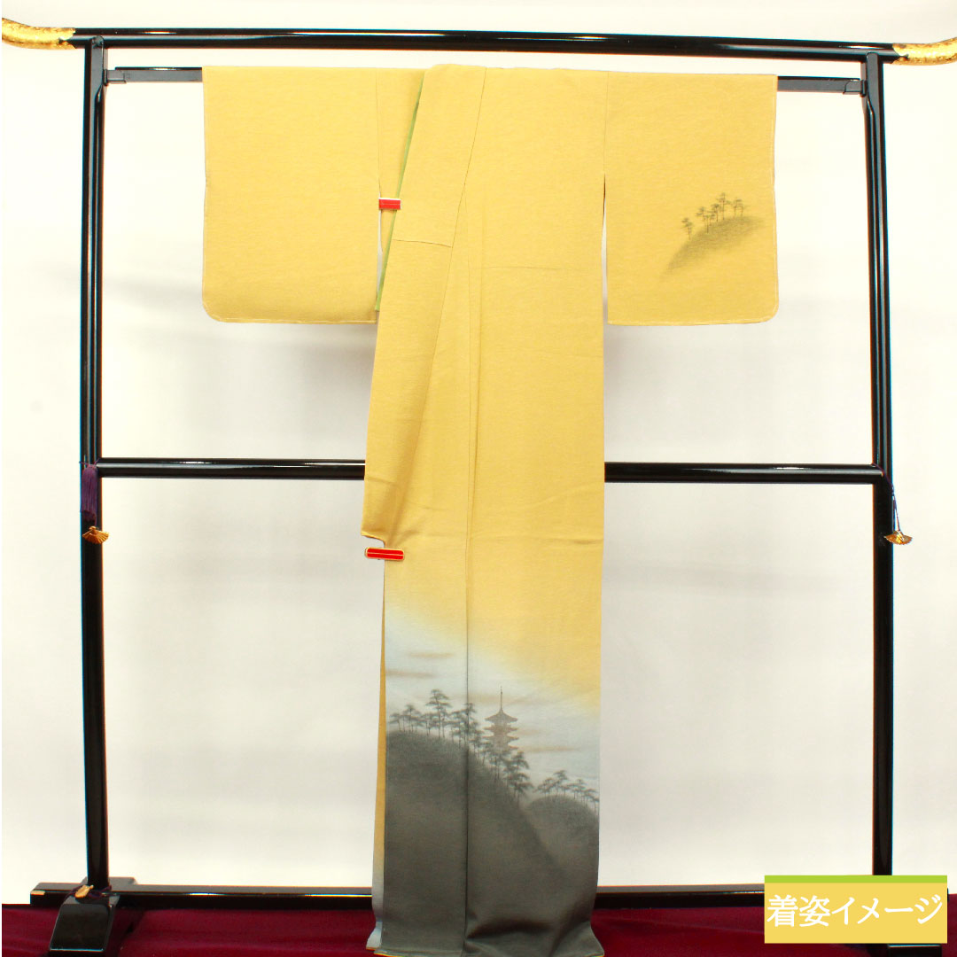 訪問着 正絹 袷 身丈167cm 裄丈64cm 楊梅色 風景模様 作家物 しつけ糸付き 未使用品 Sランク 黄系 1112003382523