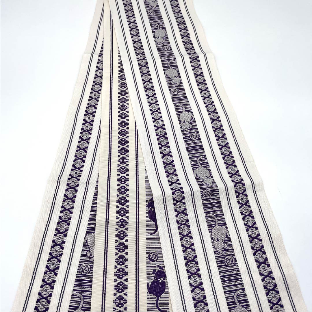 半幅帯 ポリエステル 帯丈360cm 白色(しろいろ) 博多織風 ネコ 白系 Sランク 1125001562311