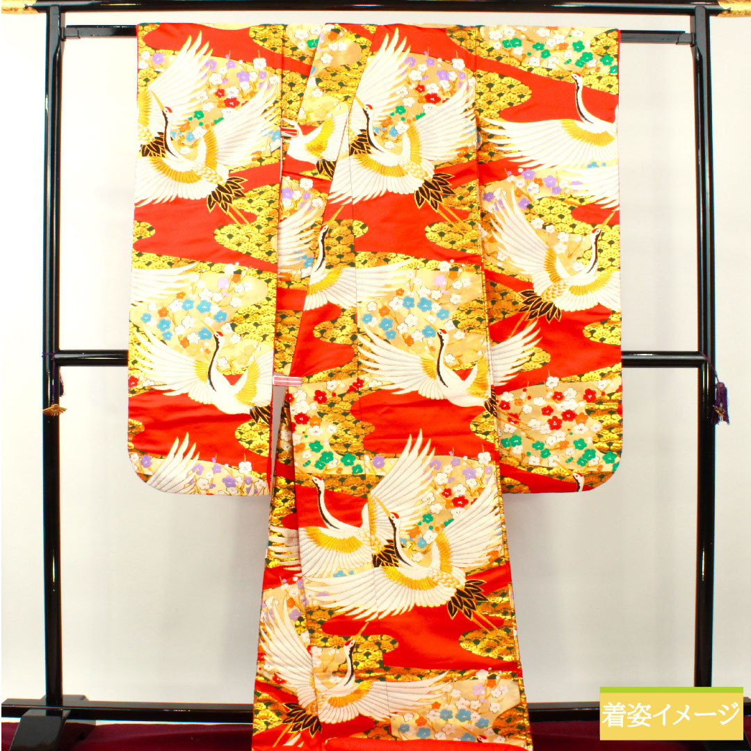 Colored Uchikake, pure silk, length 186cm, sleeve length 65cm, maple leaf color, Karaori, auspicious motifs, crane, pine, plum, A rank, lined, vermilion, 1110000813916