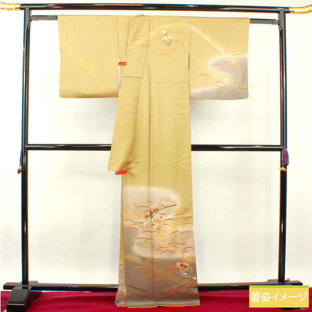 訪問着 袷 身丈167cm 裄丈66cm 芽色 京友禅 露草 巻物 一つ紋 剣片喰 正絹 Aランク 黄系 1112003933523