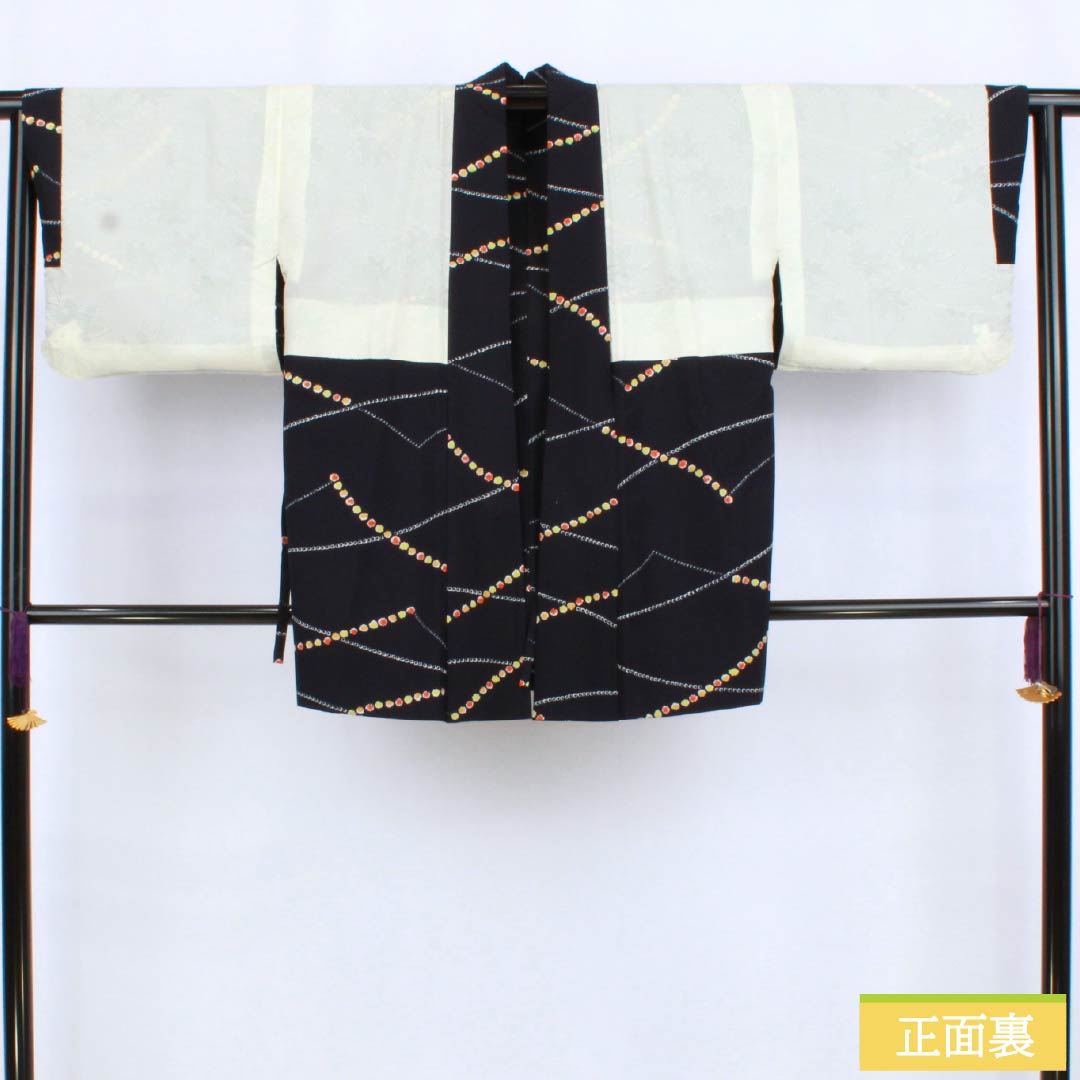道中着 ポリエステル Aランク 身丈79.5cm 裄丈65cm 褐色(かちいろ) 線調子 袷 紺系 1117001453918