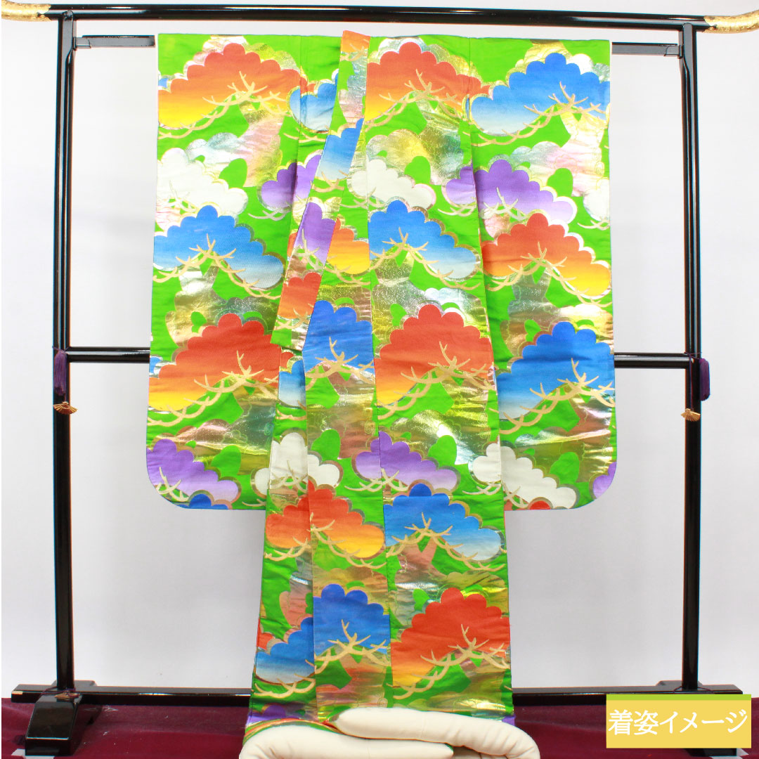 色打掛 正絹 身丈198cm 裄丈66.5cm 龍村謹製 桐箱入り 長襦袢セット 唐織 松 Aランク 袷 緑系 1110000613919