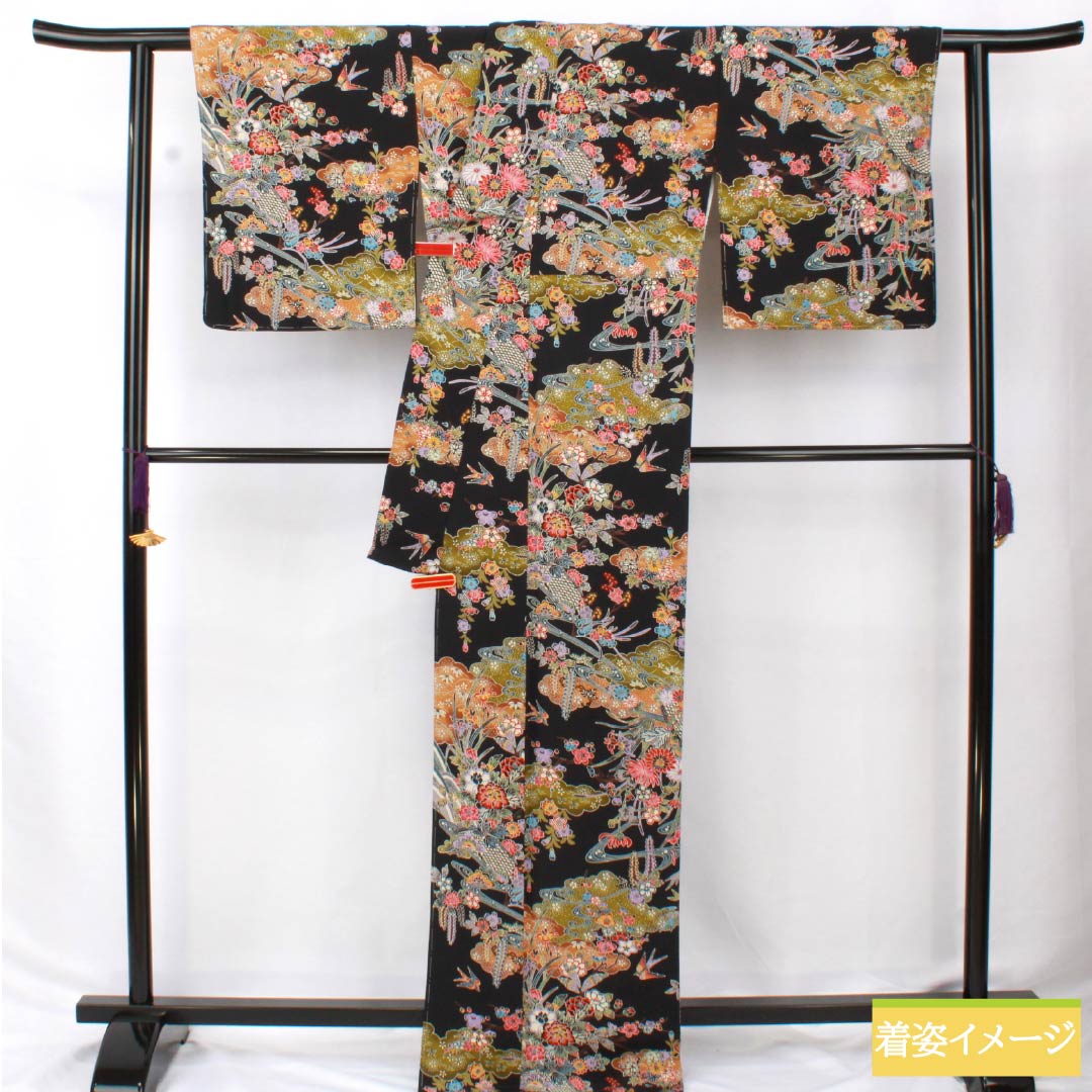 小紋 正絹 身丈169cm 裄丈68cm 袷 琉球紅型 手挿調小紋 西村英明 伝統工芸士 しつけ糸付き Sランク 黒系 1115005962510