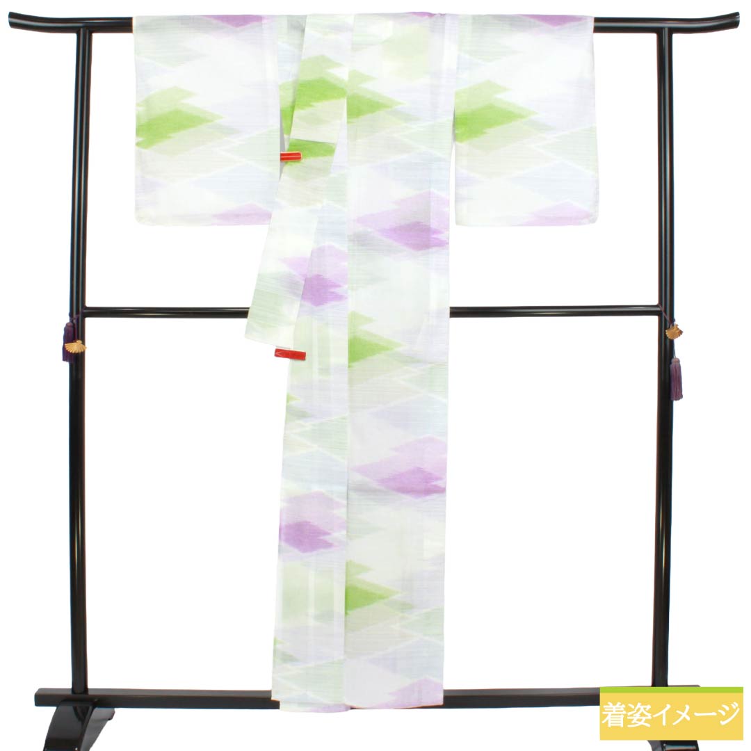 夏物 ポリエステル 紬 Bランク 身丈156.5cm 裄丈64.5cm 型染 松皮菱 洗える着物 紗 白系 1132004934311