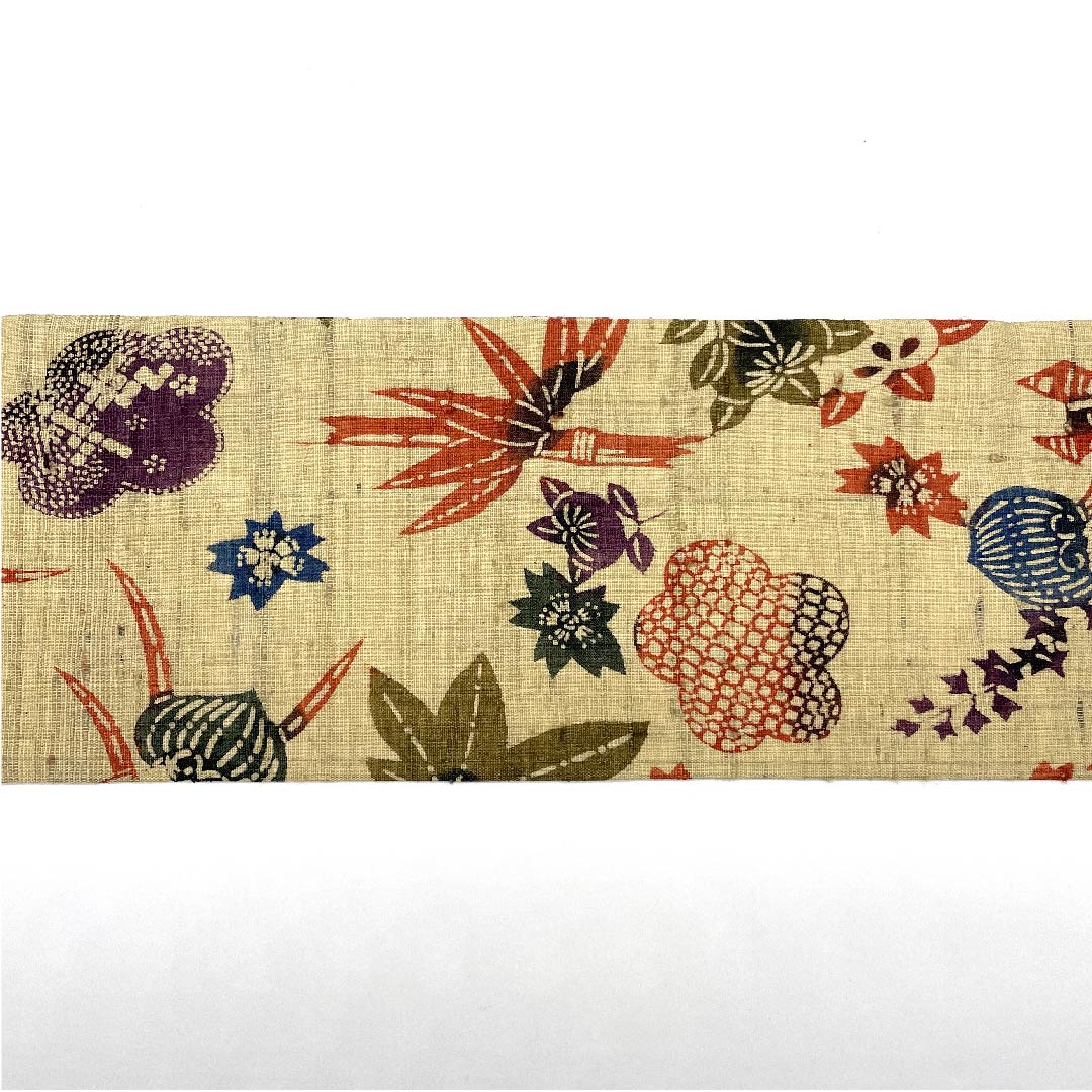 Nagoya obi, mulberry-colored, white-brown, pongee fabric, hollyhock, tangerine, pine, maple leaves, cherry blossoms, obi length 362cm, pure silk, S rank, full-length, casual, beige, 1124004672325, Nagoya-made