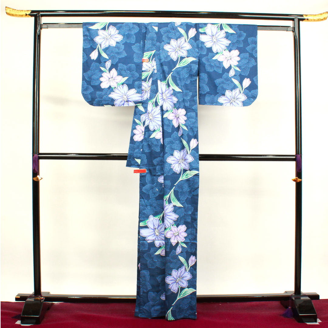 浴衣 韓藍色 ツツジ 木綿 Sランク 単衣 身丈165cm 裄丈66cm 紺系 1118003602518