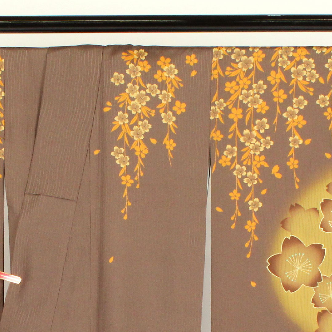 Homongi (formal kimono), polyester, lined, length 167cm, sleeve length 67cm, washable, cherry blossom, A rank, brown, 1112000393514
