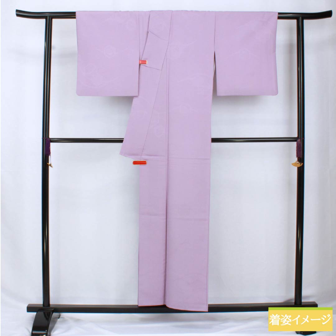 Solid-colored polyester kimono, length 154cm, sleeve length 63cm, light purple (asa-ki-murasaki), washable, lined, S rank, purple, product number 1114002202220