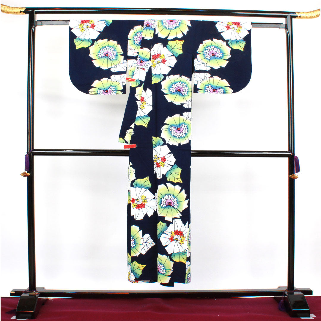 浴衣 濃紺色 抽象模様 木綿 Sランク 単衣 身丈147.5cm 裄丈64cm 紺系 1118002482118
