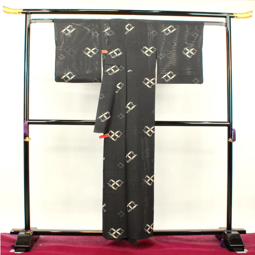 夏物 正絹 小紋 身丈157.5cm 裄丈65cm 七宝 絽 Sランク 黒系 1132001522310