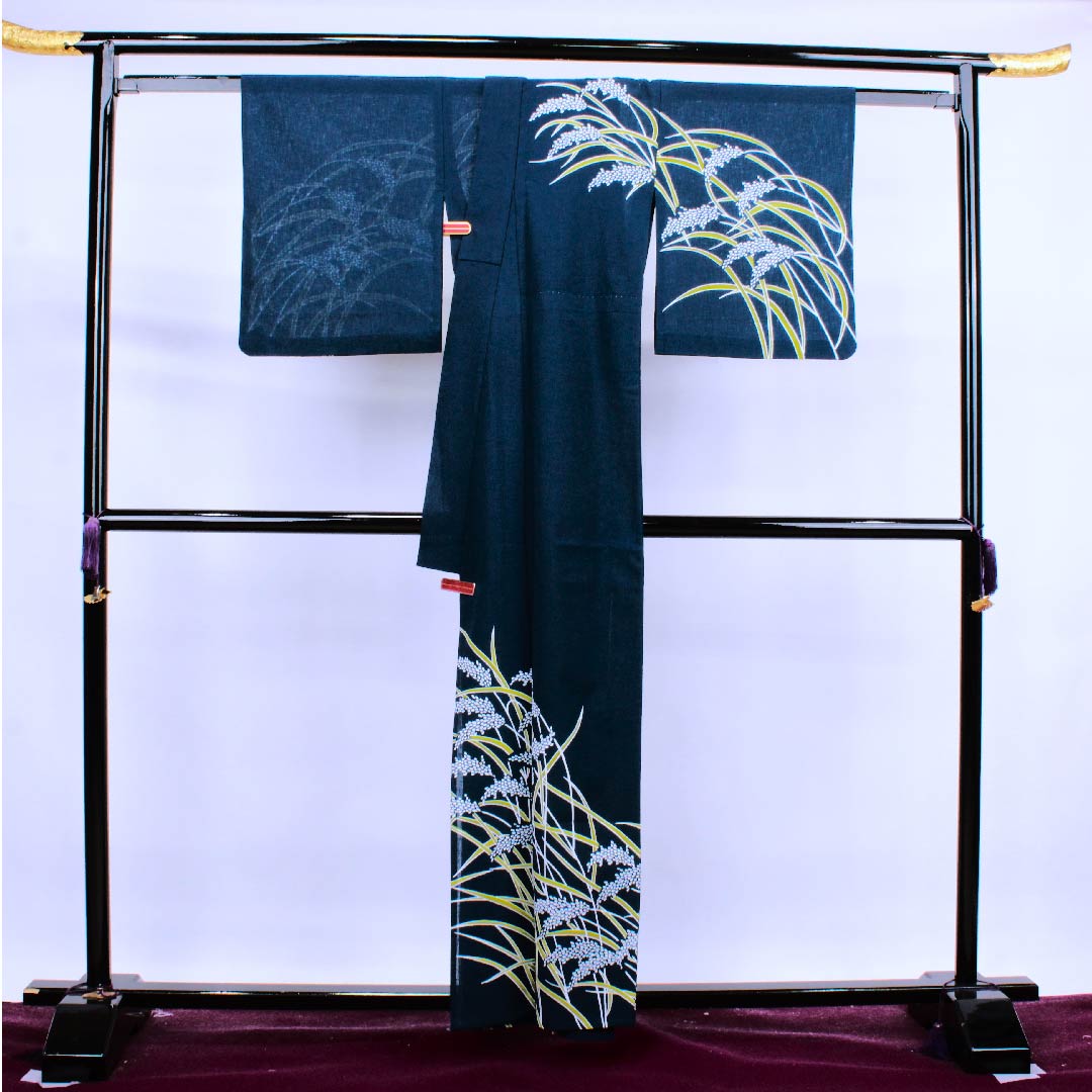 夏物 ポリエステル 訪問着 身丈159cm 裄丈66cm 鉄葡萄色(てつぶどういろ)稲穂 紗 Sランク 紺系 1132000092318