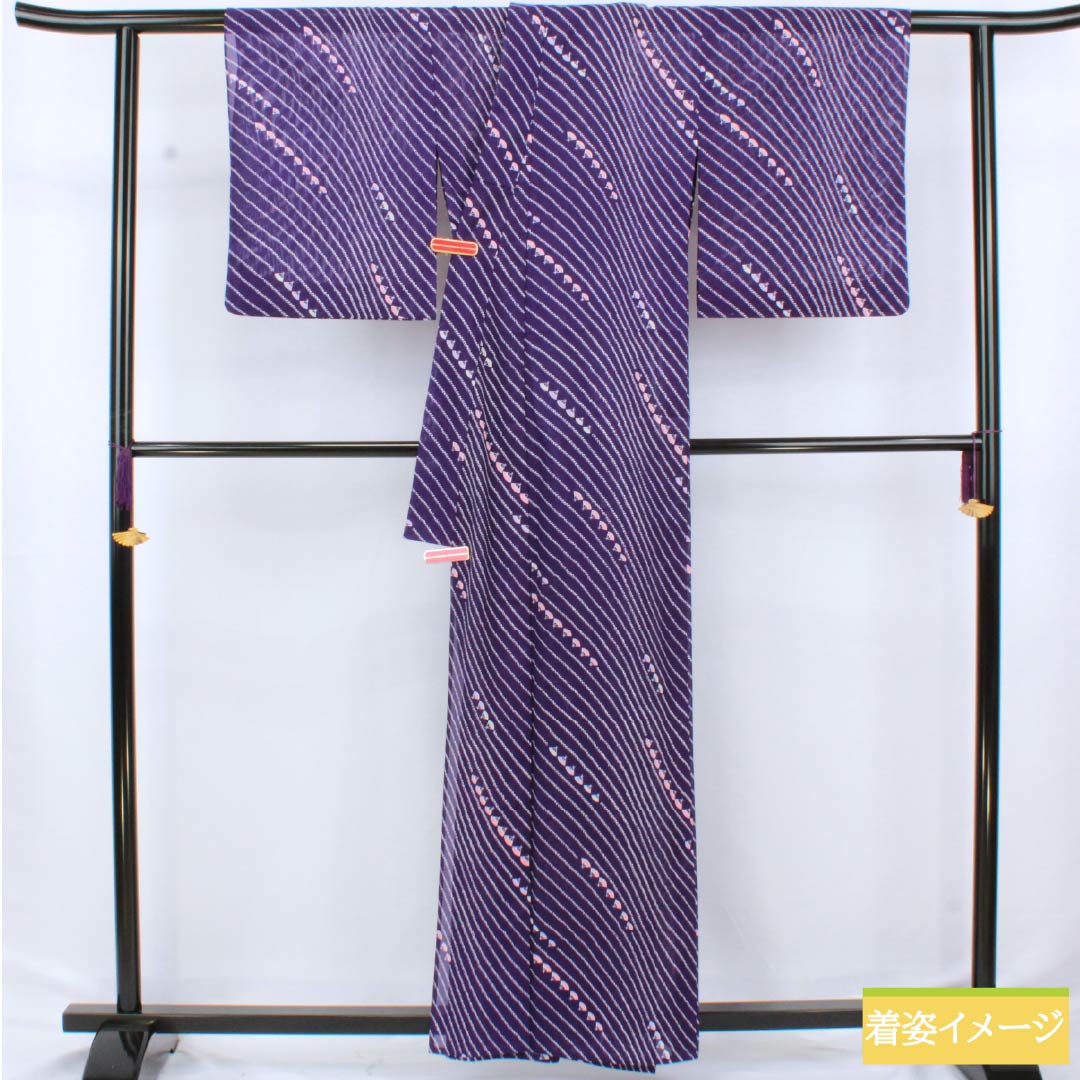 夏物 ポリエステル 小紋 身丈160.5cm 裄丈65cm 菫色(すみれいろ) 扇面 洗える着物 絽 Aランク 紫系 1132002543420