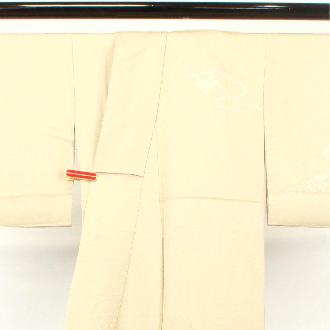 訪問着 袷 身丈153.5cm 裄丈62.5cm 白橡色 刺繡 絞り 扇 正絹 Bランク クリーム系 1112002194215