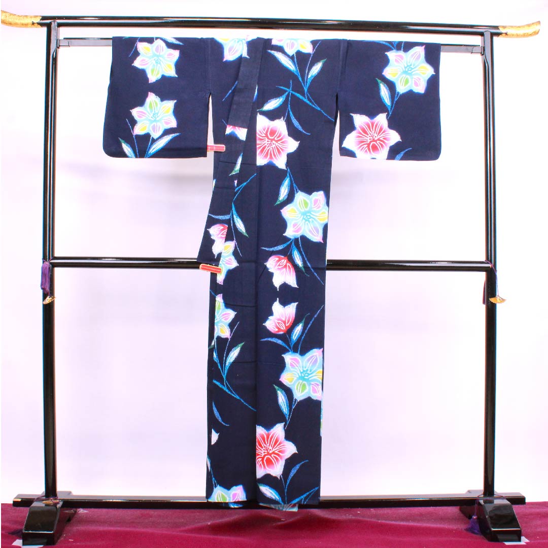 浴衣 濃紺色 花模様 木綿 Sランク 単衣 身丈154.5cm 裄丈69.5cm 紺系 1118004362218