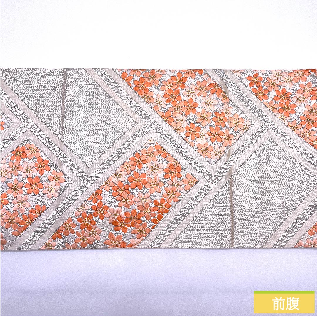 袋帯 銀色 桜 紗綾形 帯丈416cm 正絹 Sランク 六通 フォーマル 銀系 1123010282322