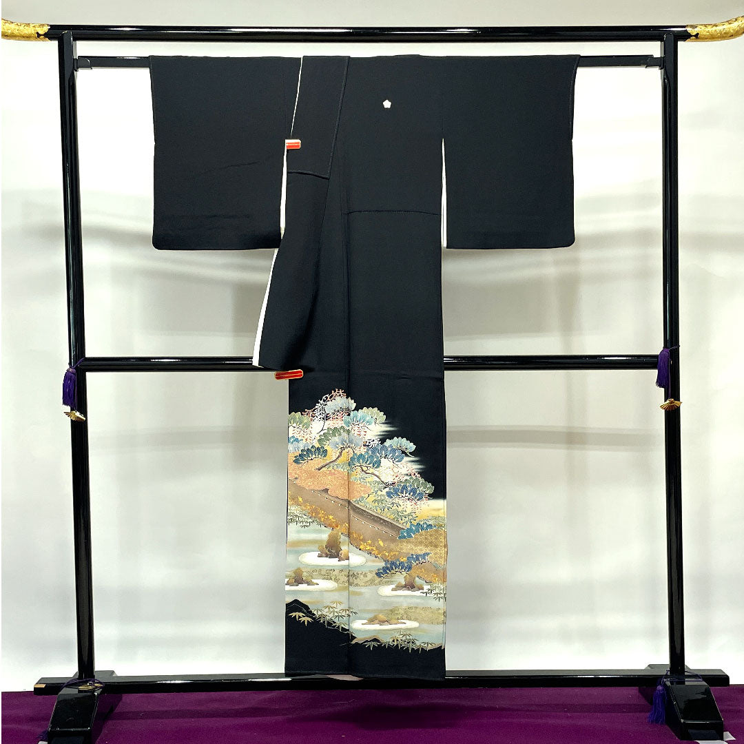 黒留袖 身丈152cm 裄丈63cm 袷 作家物 京友禅 石庭模様 桔梗 正絹 Aランク 五つ紋 黒系 1111000923210