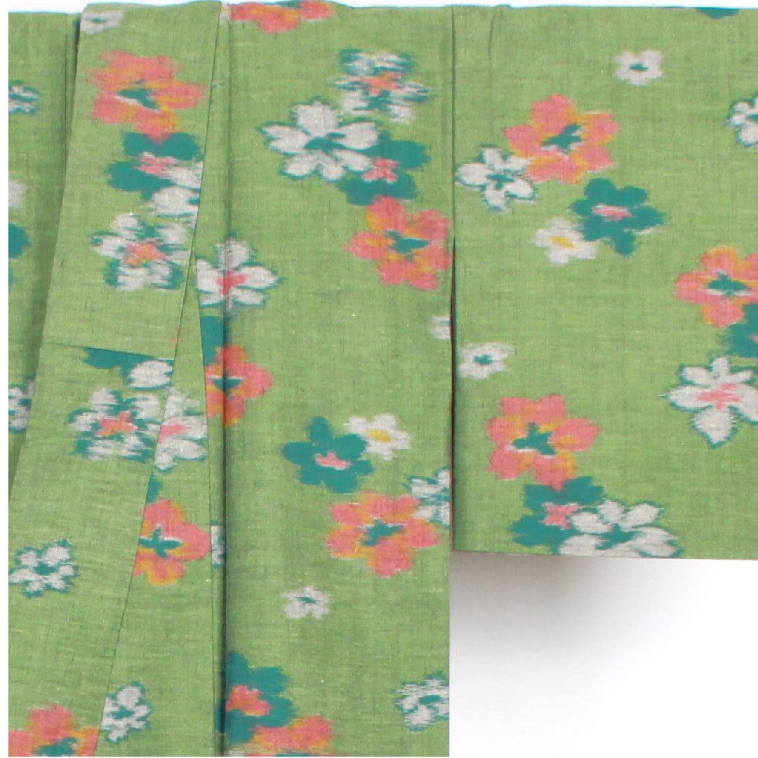 紬 身丈159cm 裄丈59cm 松葉色 花模様 正絹 Bランク 袷 緑系 1116001724319