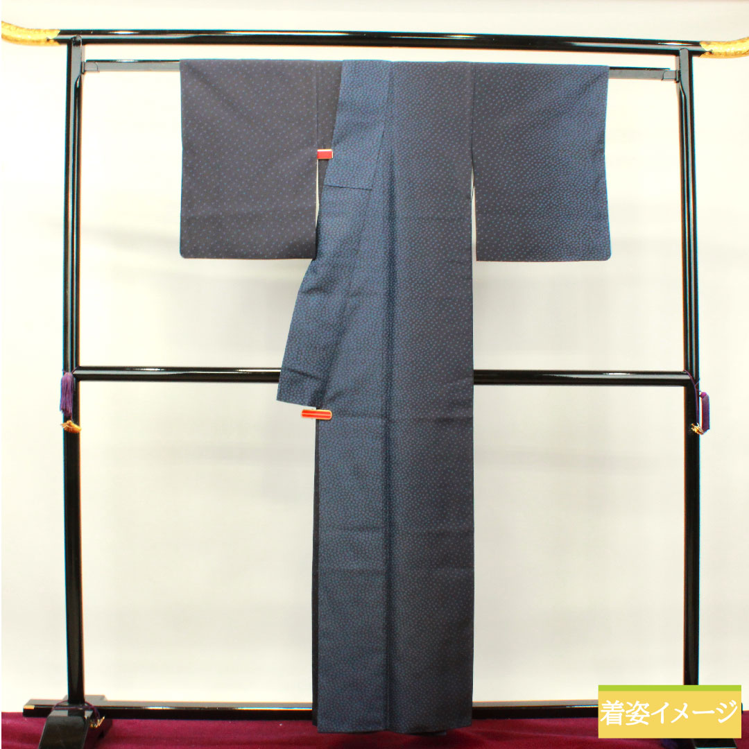 お召し 正絹 身丈157.5cm 裄丈61.5cm 菱屋六右衛門 風通お召 花びら Sランク 袷 紺系 1116003072318