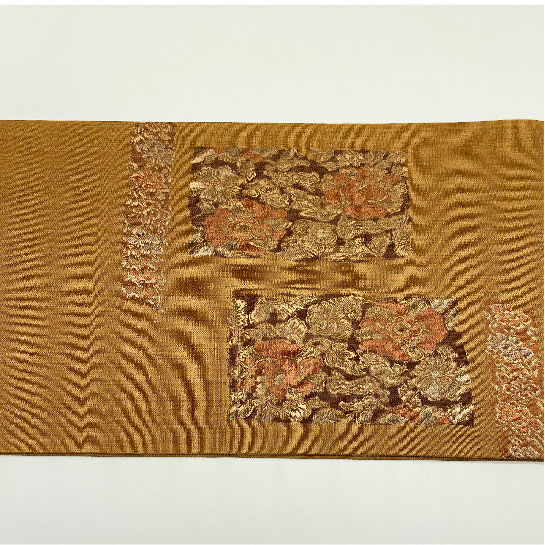 袋帯 香染色(こうぞめいろ) 花模様 帯丈420cm 正絹 Sランク ポイント柄 カジュアル 茶系 1123005152314