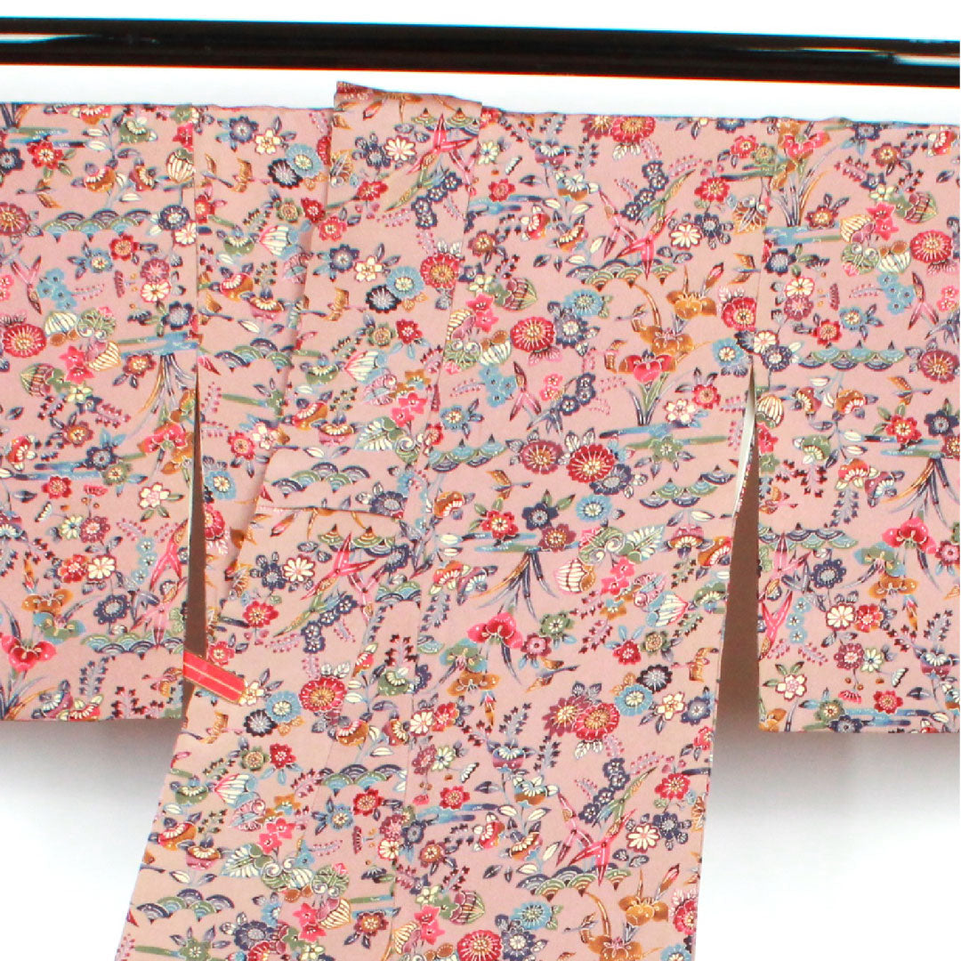 小紋 身丈159.5cm 裄丈64.5cm 袷 銀煤竹色 型染 草花模様 正絹 Sランク 朱系 1115002212316