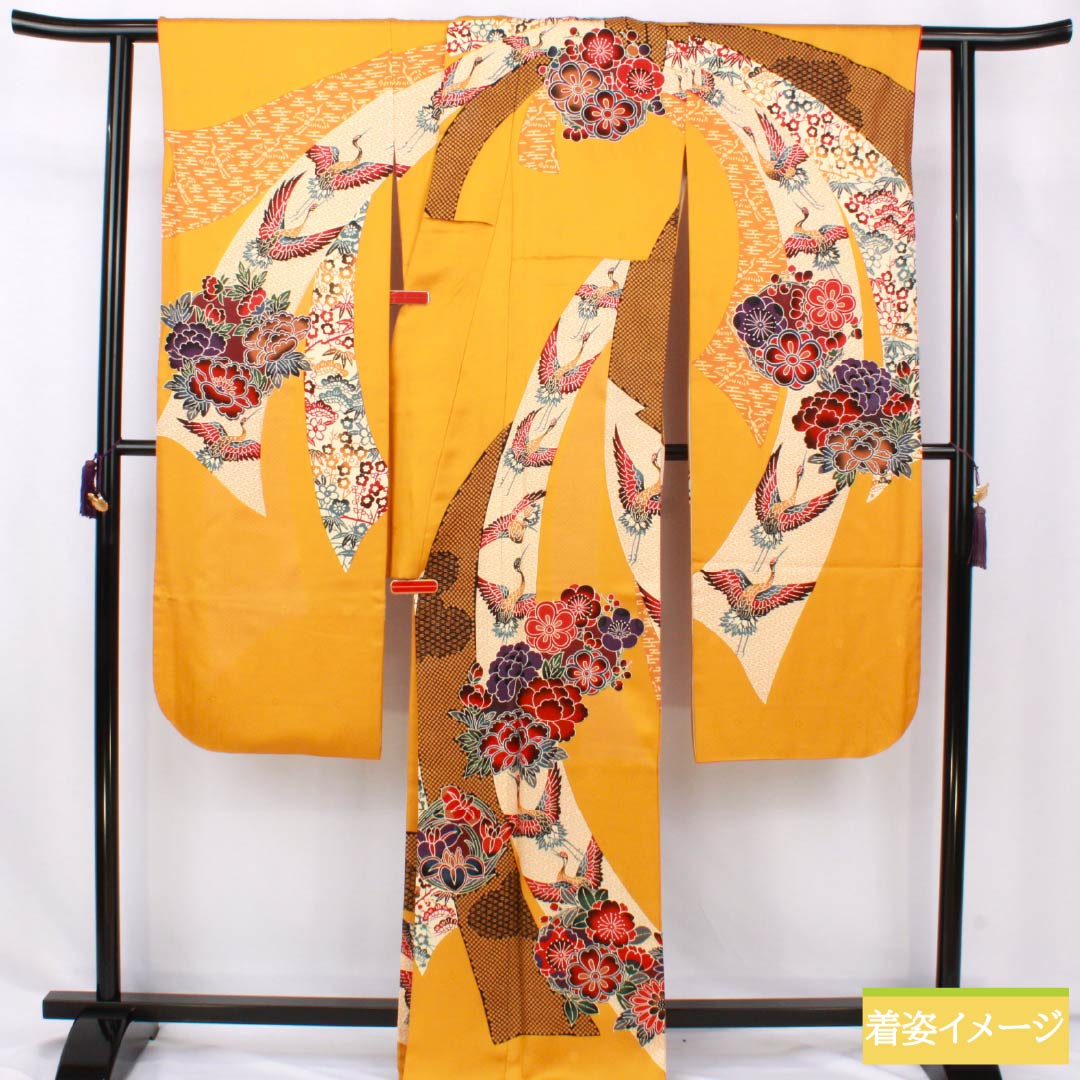 振袖 正絹 Aランク 身丈167.5cm 裄丈70.5cm 袷 萱草色(かんぞういろ) 京紅型 束ね熨斗 橙系 1113002423526