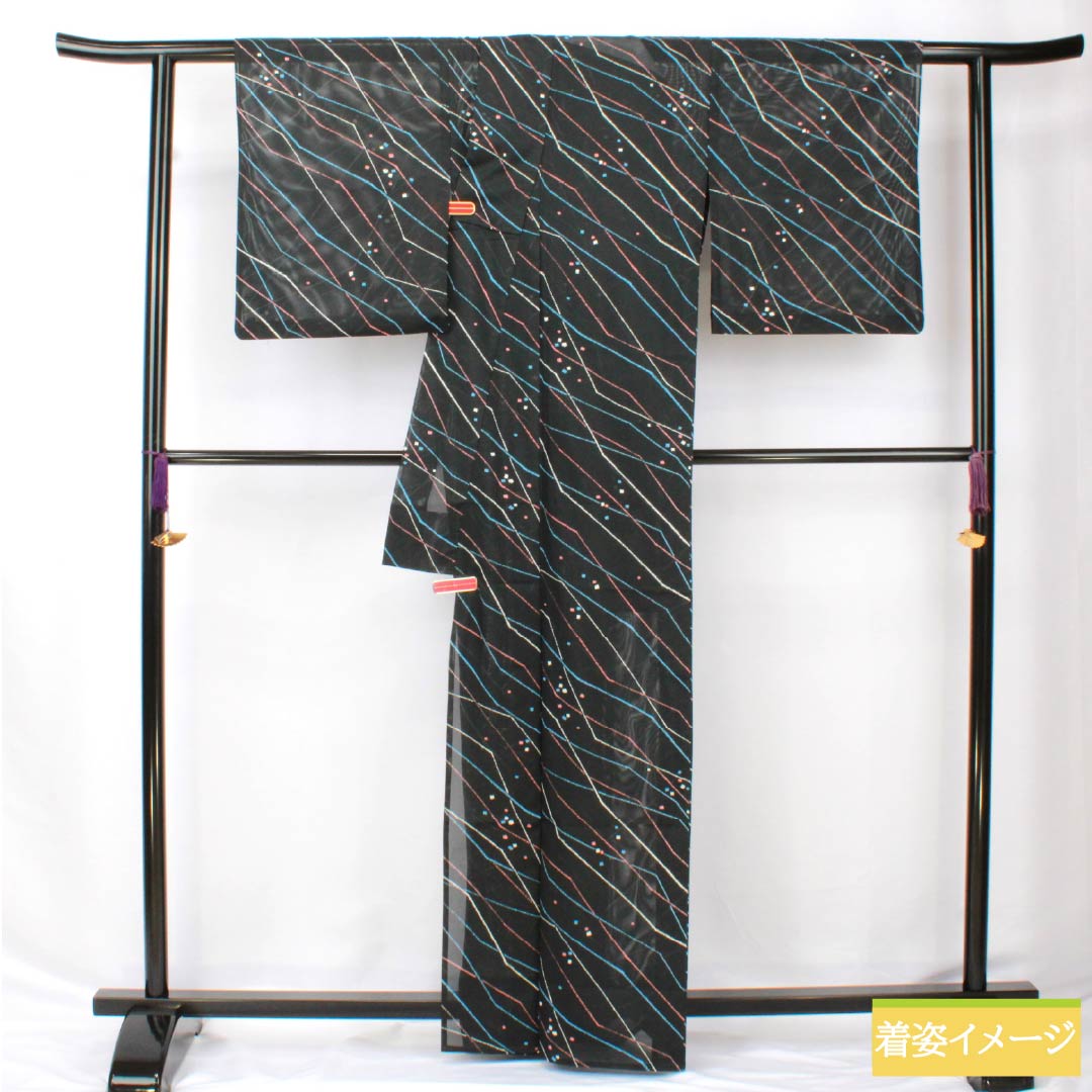 夏物 ポリエステル 小紋 身丈164.5cm 裄丈68cm 幾何学模様 洗える着物 絽 Sランク 黒系 1132002242410