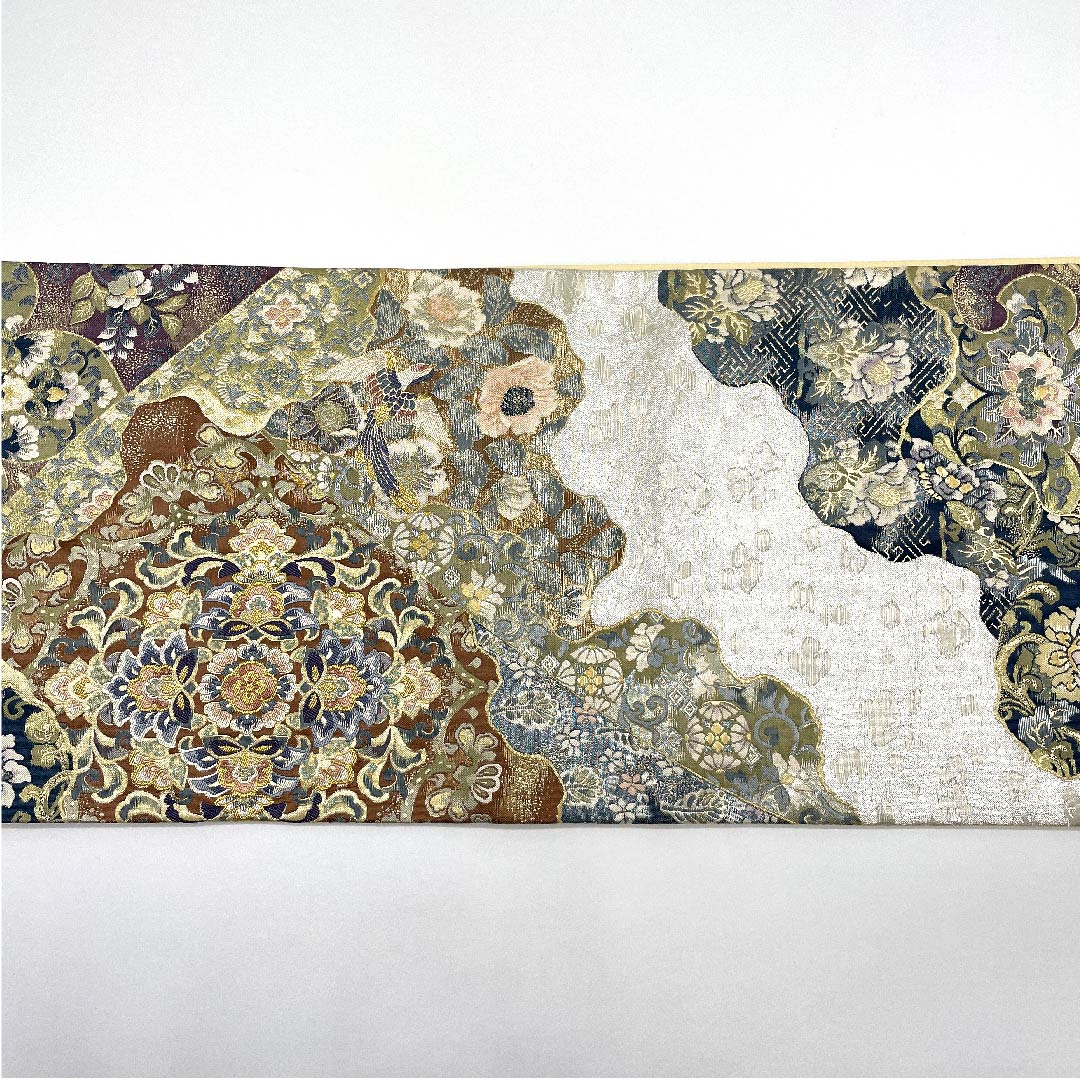 (未仕立)袋帯 銀色 黄金繭 貝紫 みつる帯 帯丈460cm 正絹 Sランク 六通 フォーマル 銀系 1123009332422