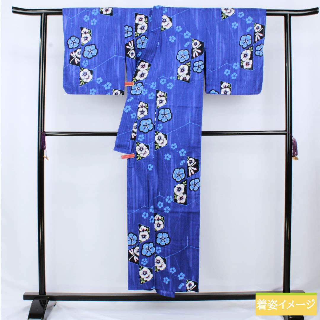 浴衣 木綿 身丈150cm 裄丈65cm Sランク 単衣 青系 青紫色(あおむらさきいろ) トンボ 撫子 1118006592117