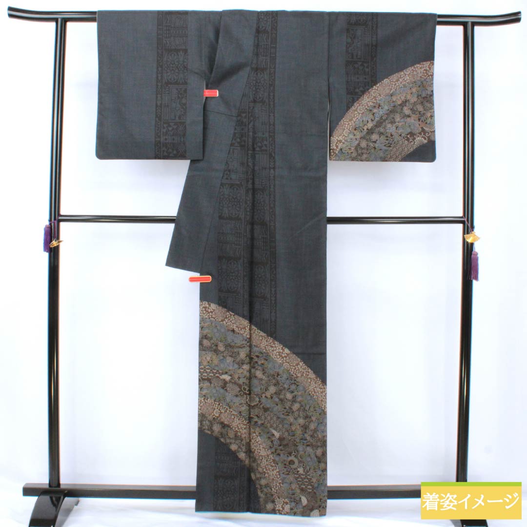 訪問着 正絹 Sランク 袷 身丈161.5cm 裄丈65.5cm 紺色(こんいろ) 大島紬 草花 紺系 1112007302418