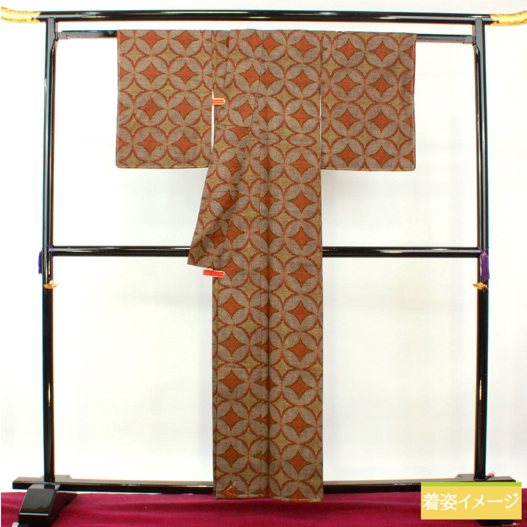 紬 正絹 身丈158cm 裄丈62.5cm 七宝 Aランク 袷 茶系 1116003543314