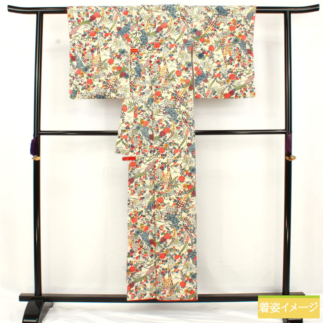 小紋 正絹 身丈154cm 裄丈63cm 袷 乳白色(にゅうはくしょく) 京紅型 吉祥文様 Bランク クリーム系 1115004844215