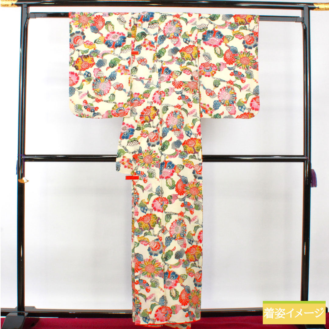 小紋 正絹 身丈158cm 裄丈62cm 袷 乳白色(にゅうはくしょく) 京紅型 草花模様 Aランク クリーム系 1115004293315