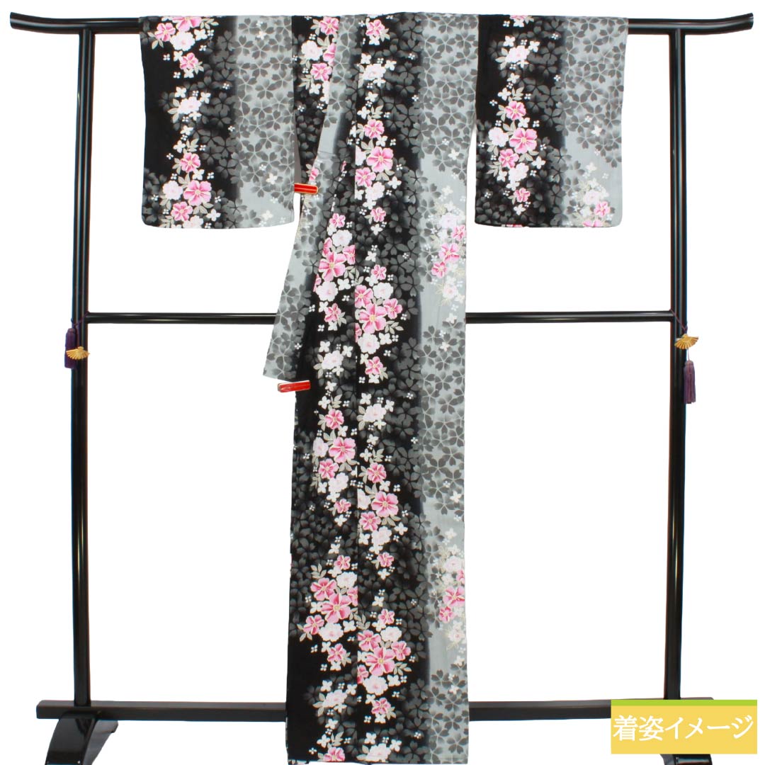 浴衣 木綿 Sランク 身丈165cm 裄丈66cm 黒色 ブルーグレー 桜 洋花 単衣 モノトーン 1118006922527