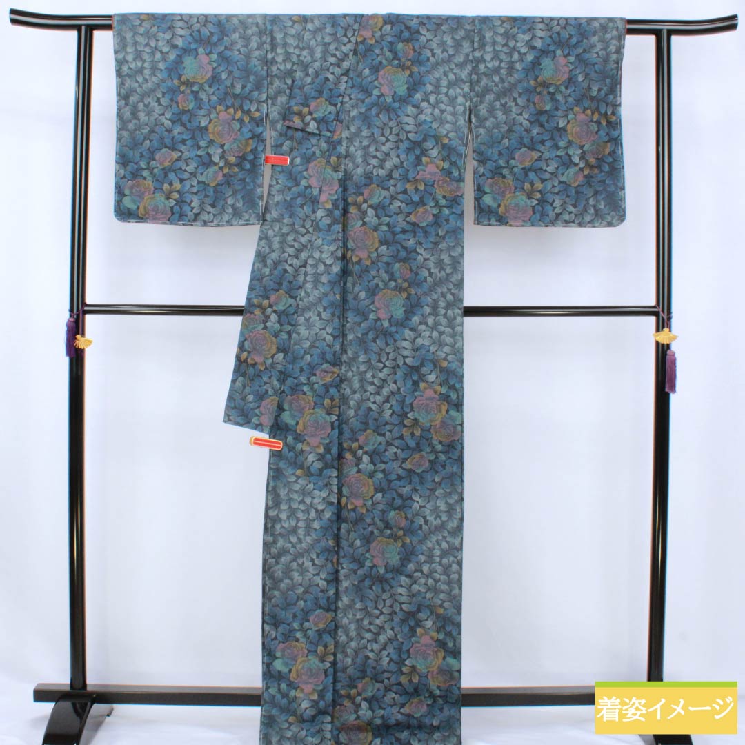 紬 正絹 Aランク 身丈171.5cm 裄丈68cm 濃紺色(のうこんいろ) 薔薇 葉 しつけ糸付き 袷 紺系 1116004373618