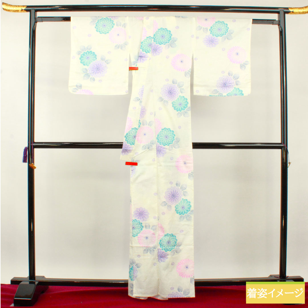 Yukata Cotton Length 163cm Sleeve length 66.5cm S rank Single layer White Chrysanthemum 1118005042411