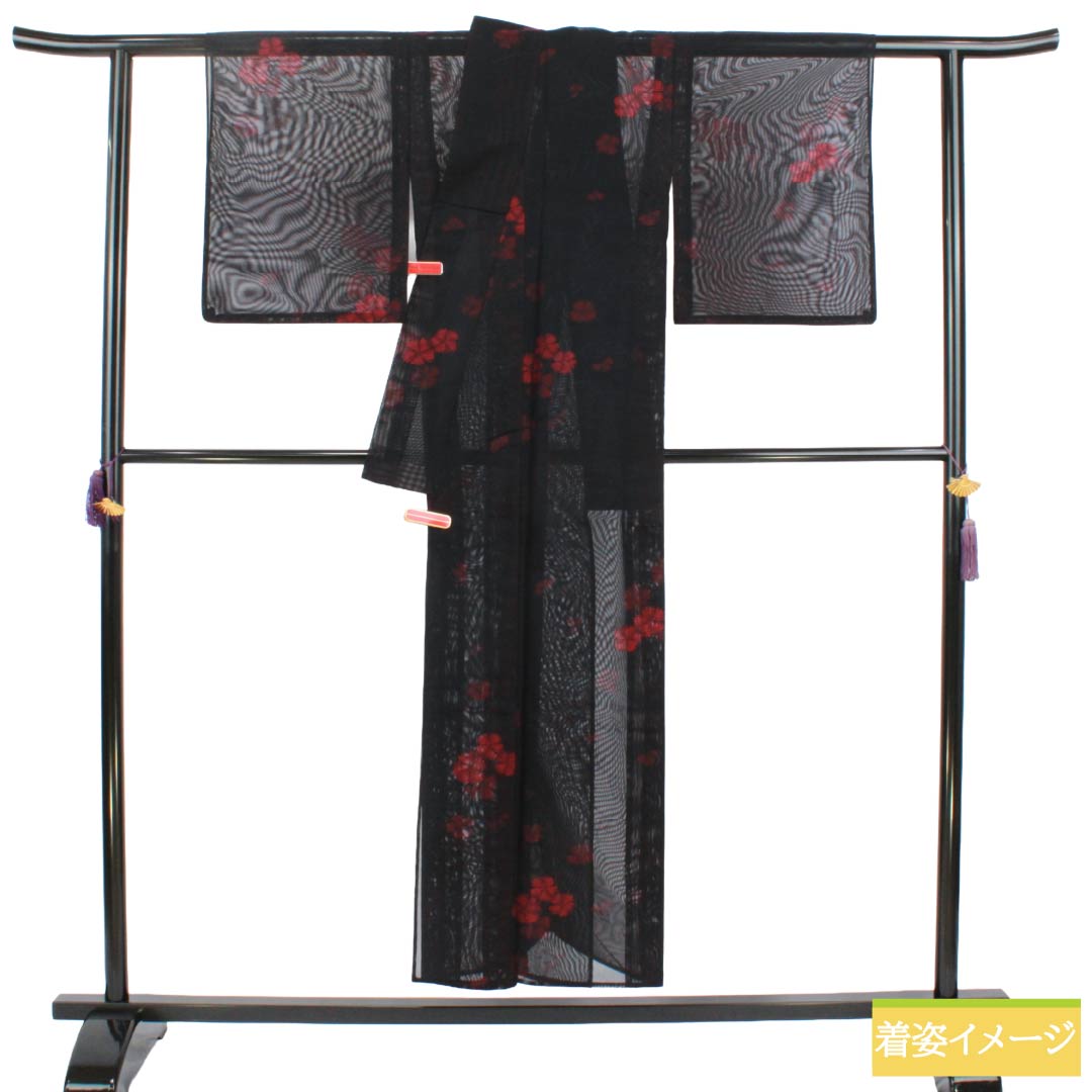夏物 正絹 お召 Aランク 身丈150.5cm 裄丈63cm コスモス 紗 黒系 1132004653110