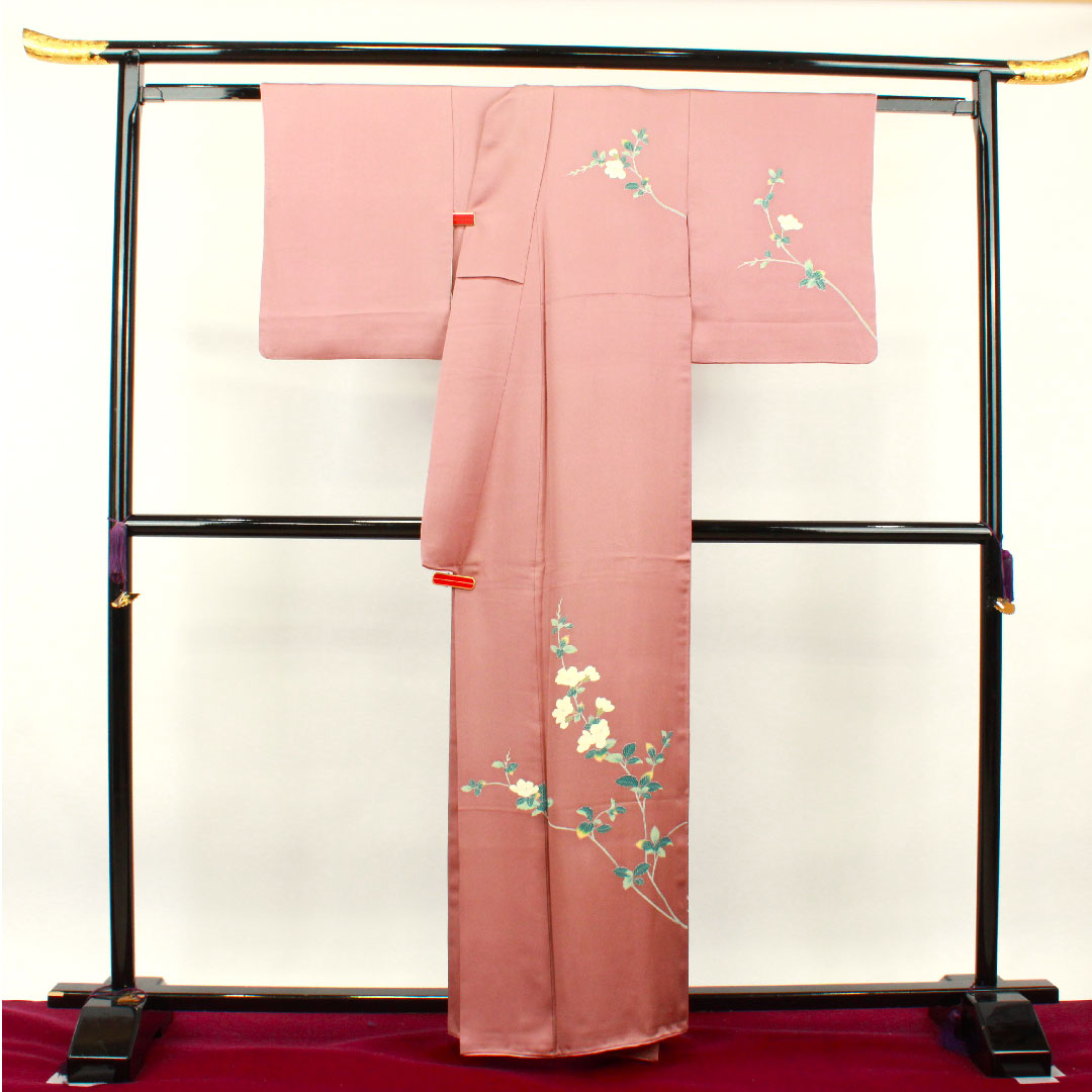 訪問着 正絹 袷 身丈158cm 裄丈63cm 蝋積紅色 京友禅 草花模様 Sランク ピンク系 1112003012313