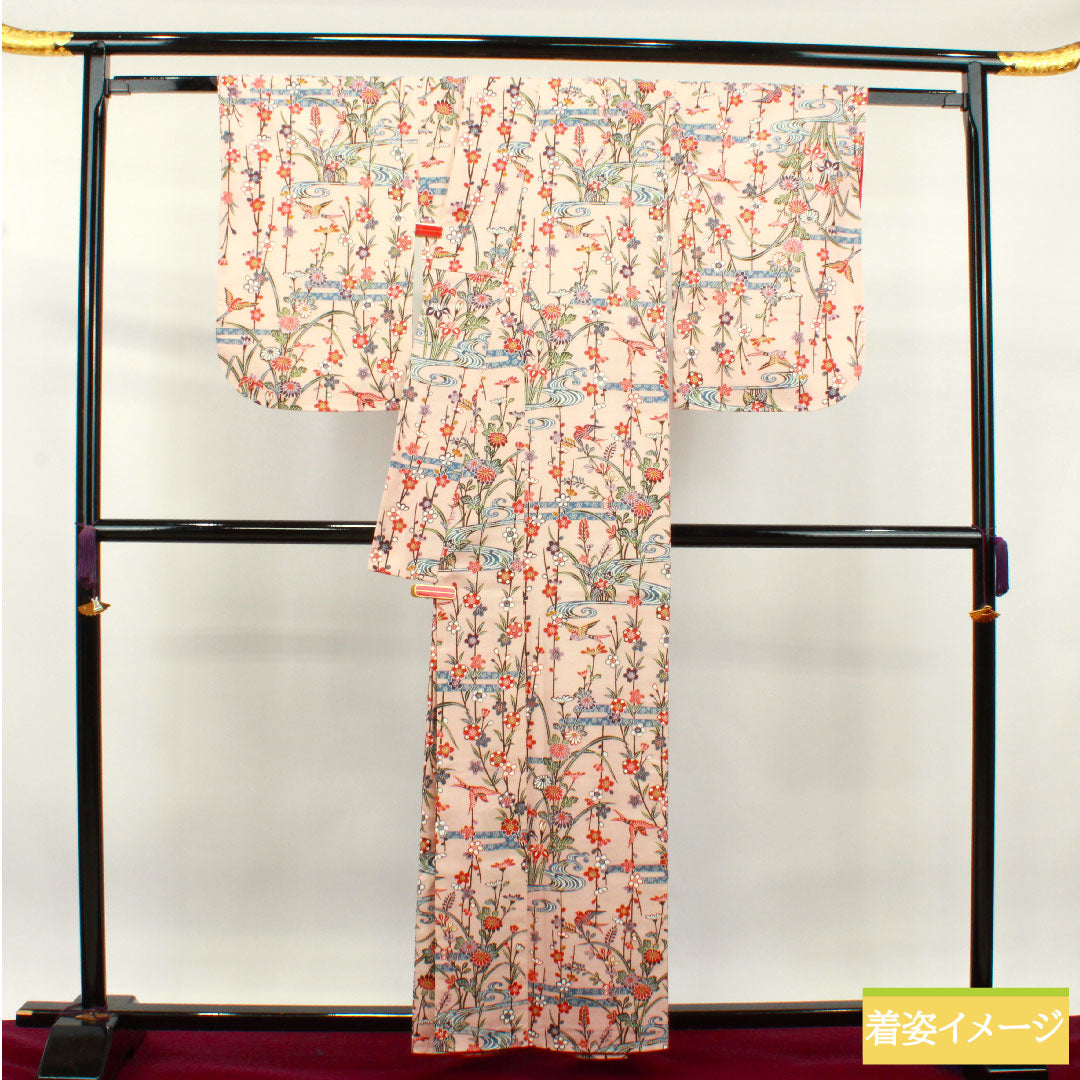 小紋 正絹 身丈159cm 裄丈64cm 袷 乙女色 京紅型 吉祥文様 紬地 しつけ糸付き 未使用品 Sランク ピンク系 1115003692313