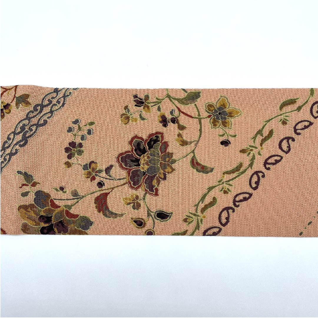 名古屋帯 薄赤色 型染 更紗 抽象模様 帯丈374cm 正絹 Sランク 全通 カジュアル ピンク系 1124003982313 名古屋仕立て