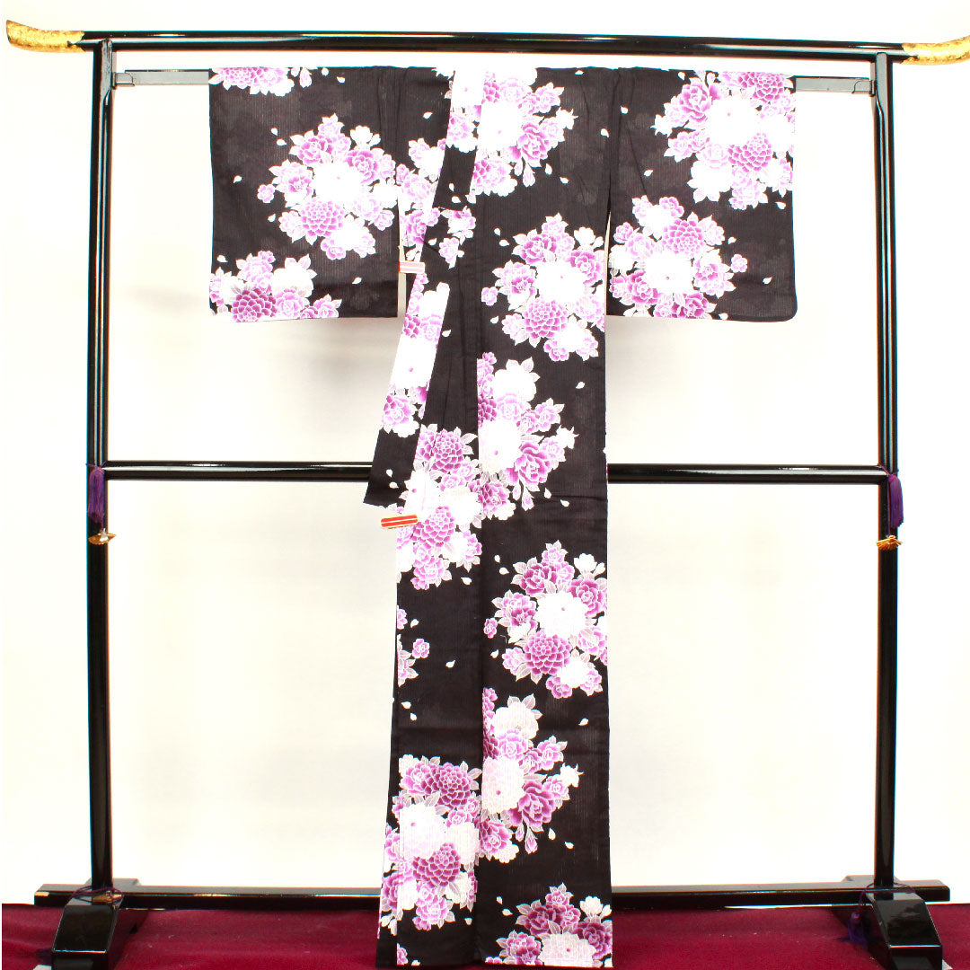 Yukata, Chrysanthemum, Rose, Cotton, S Rank, Single Layer, Length 165.5cm, Sleeve Length 66.5cm, Black, 1118001372510
