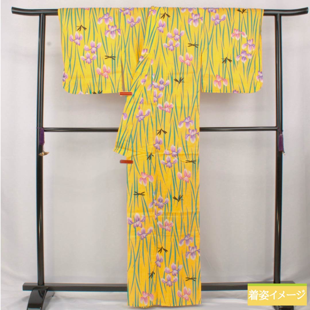 Cotton Yukata, Length 163.5cm, Sleeve Length 66cm, S Rank, Single Layer, Yellow, Kikuchinashiiro (Kikuchinashiro), Iris and Dragonfly Design, 1118006392423