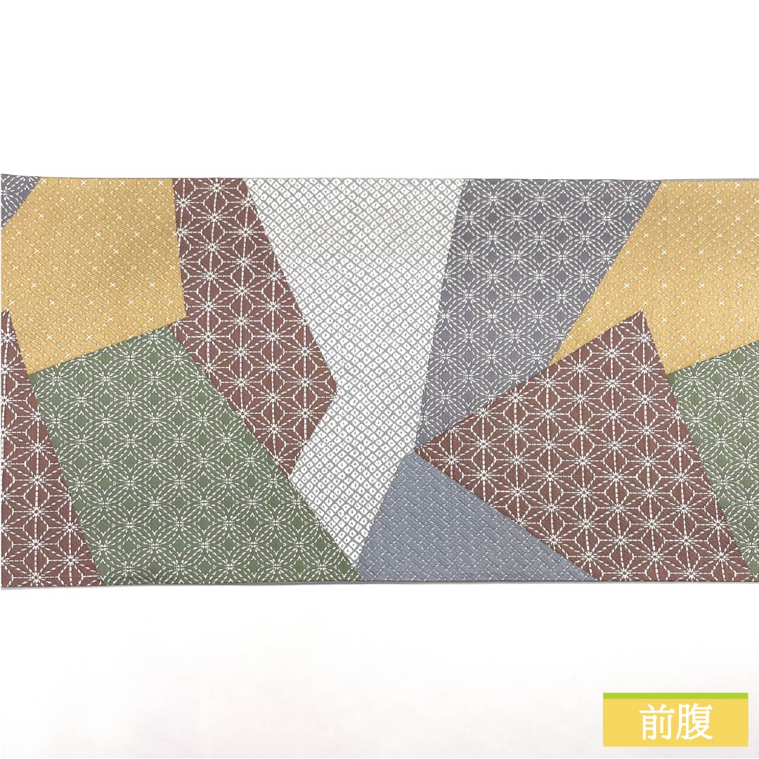 袋帯 正絹 切りばめ風 麻の葉 七宝 鹿の子模様 帯丈430cm Sランク 六通 セミフォーマル グラデーション系 1123014992399