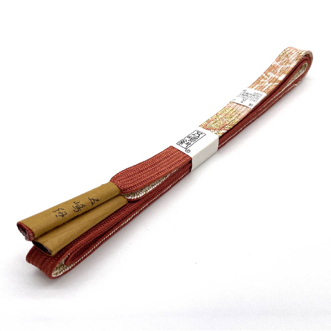 (New old stock) Obijime (belt tying) Pure silk quarter-length cord, red-colored (beni-to-iro), Goshima cord, Edo braid cord, metallic thread used, length approx. 162cm, width approx. 1.7cm, semi-formal, S rank, orange, 1135002392326