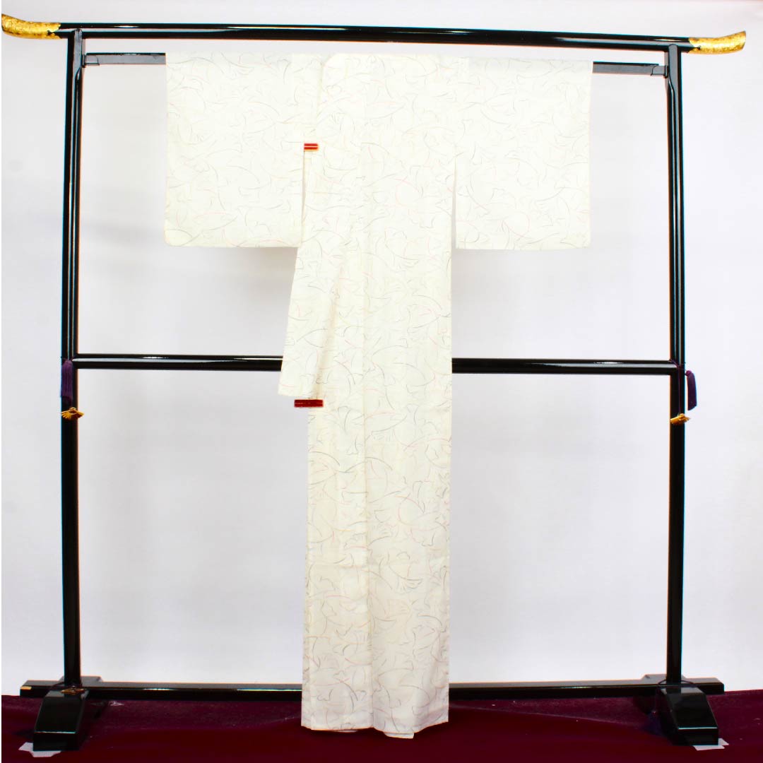 夏物 ポリエステル 小紋 身丈163.5cm 裄丈63.5cm 胡粉色(ごふんいろ) いちょうの葉 絽 Bランク 白系 1132000334411