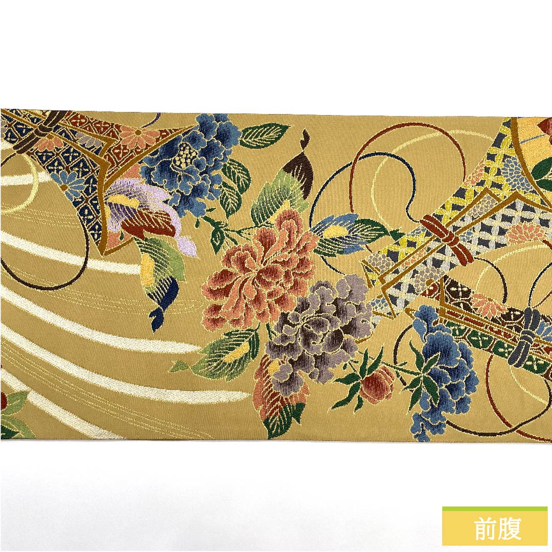 袋帯 正絹 胡桃色(くるみいろ) 花柄 白綾苑大庭 振袖用 帯丈438cm Aランク 六通 フォーマル ベージュ系 1123010783325