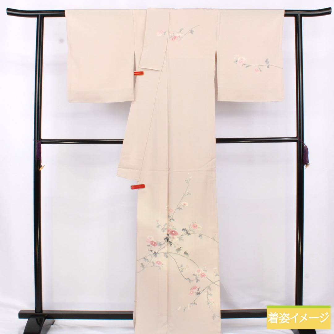 訪問着 正絹 Aランク 単衣 身丈167cm 裄丈68.5cm 翁茶色(おきなちゃいろ) 京友禅 鳥 菊花 ピンク系 1112006103513