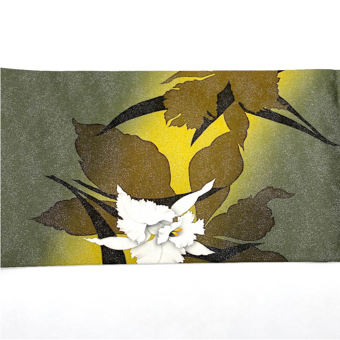 Fukuro Obi (Japanese sash) in Shimamatsu Nezuiro (Shimamatsu gray) by Yusuke Tange, Moonflower, silver thread, obi length 450cm, pure silk, S rank, point pattern, semi-formal, green, 1123007872319