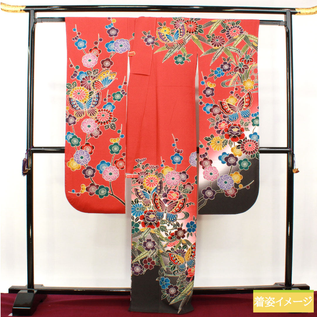 振袖 正絹 身丈165.5cm 裄丈67cm 袷 猩々緋色 京紅型 吉祥文様 Sランク 赤系 1113001962512