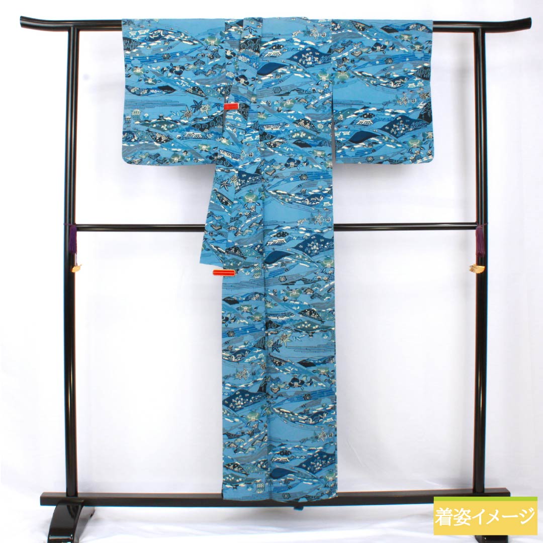 小紋 正絹 身丈154cm 裄丈64.5cm 単衣 空色(そらいろ) 型染 藍型調 吉祥文様 Bランク 青系 1115005614217