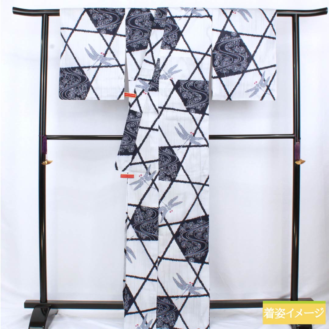 Cotton Yukata, Length 167.5cm, Sleeve Length 66cm, A Rank, Single Layer, White with Moon White (Geppakuiro) Design, Dragonfly Pattern, Part Number 1118006363511